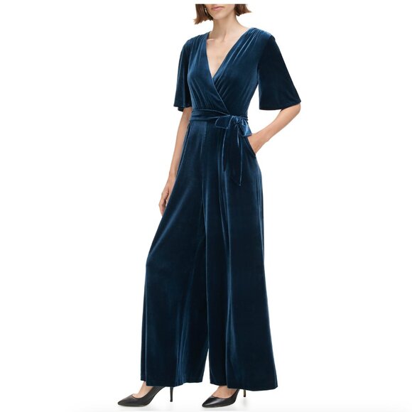 Eliza J Solid Velvet Jumpsuit, Blue, Size 8 - Picture 2 of 4